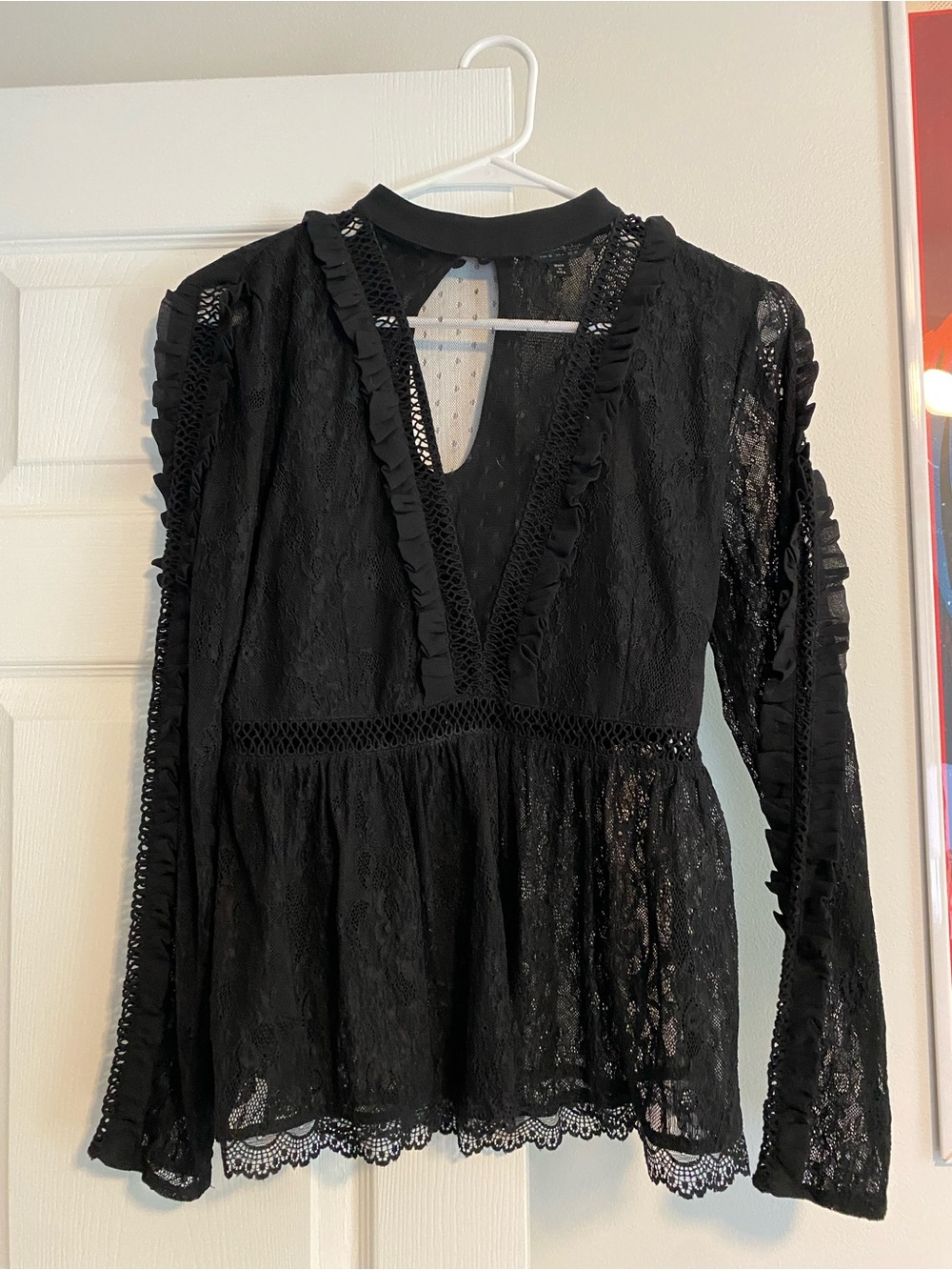 Miss Selfridge Black Lace V-Neck Ruffle Peplum Blouse